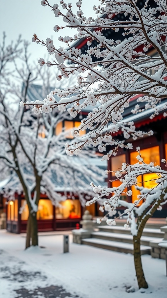 A winter scene in Japan with cherry blossoms and traditional architecture, decorated for Christmas.